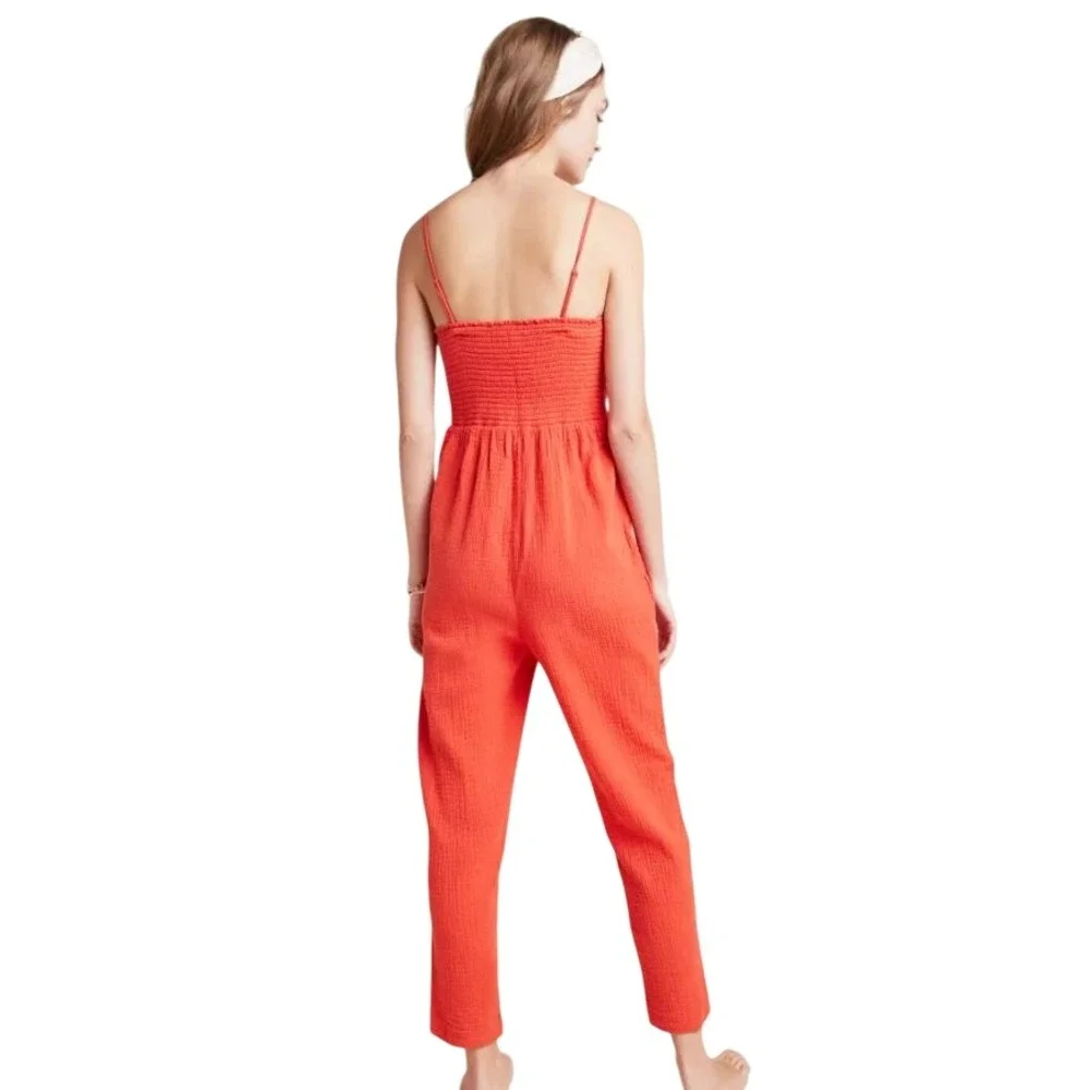 Anthropologie Saturday Sunday Red Isabel Tie Front Smocked Jumpsuit Size Medium‎